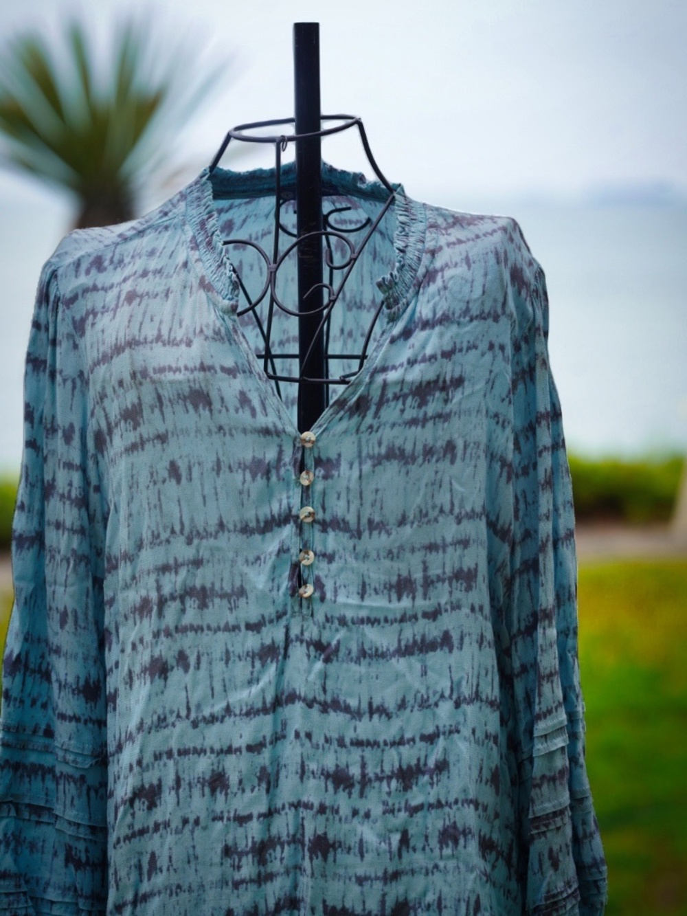 Democracy Blue & Charcoal Ikat Tie-Dye Henley Tunic - Medium